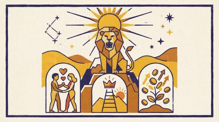 A minimalist block-print illustration of a lion centered within a geometric circular frame, rendered in earthy tones.