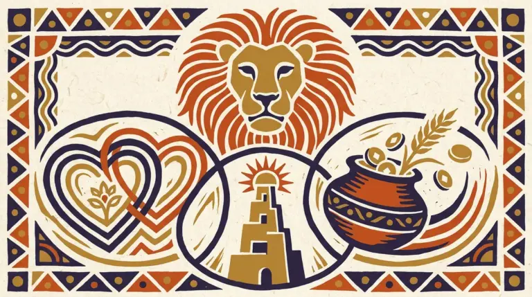 A minimalist block-print illustration of a lion standing under a rising sun.