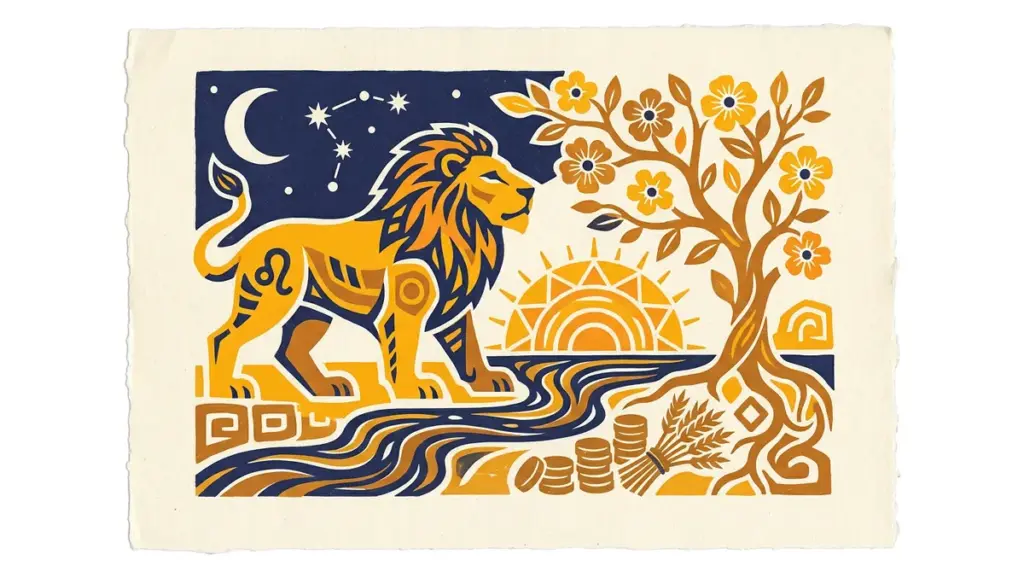 A simple, minimalist block-print illustration of a lion silhouette set against a quiet, neutral background.