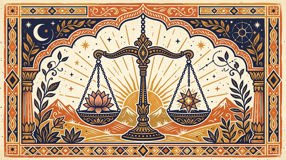 A balanced set of scales representing the Libra sign in a traditional block-print style.