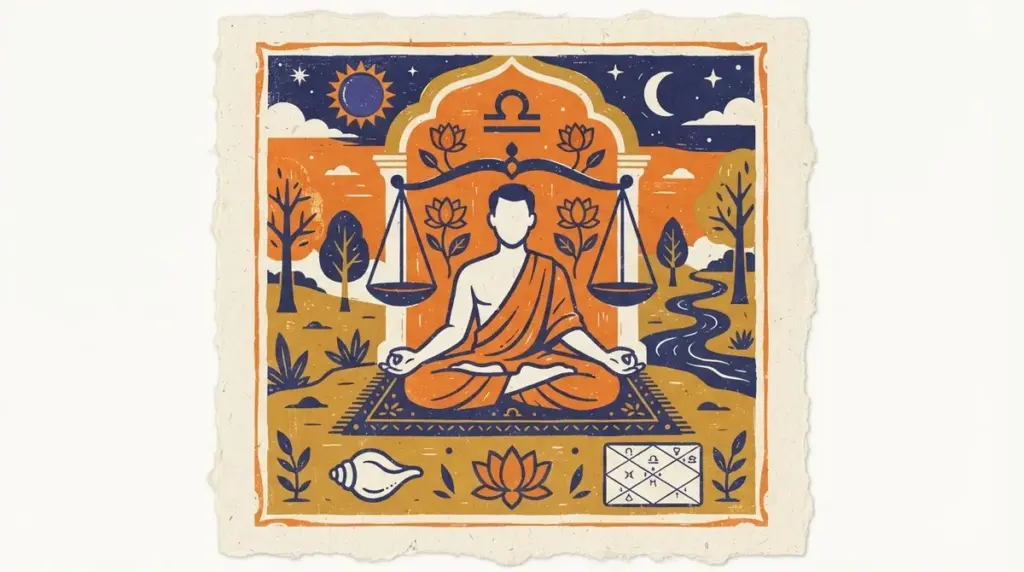 A balanced set of scales representing the Libra sign in a traditional block-print style.