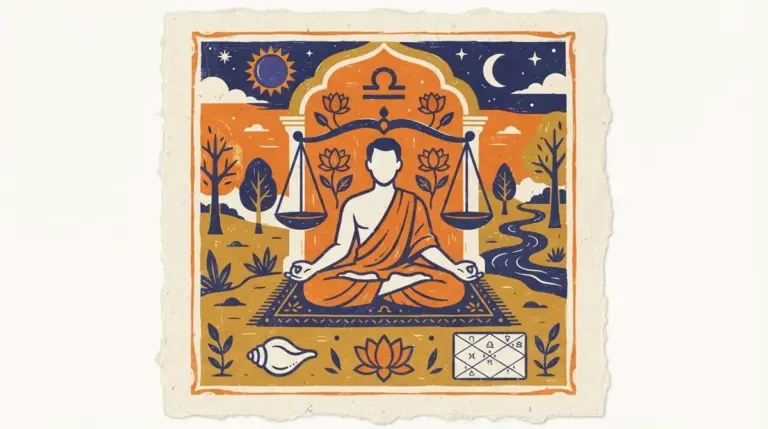 A balanced set of scales representing the Libra sign in a traditional block-print style.