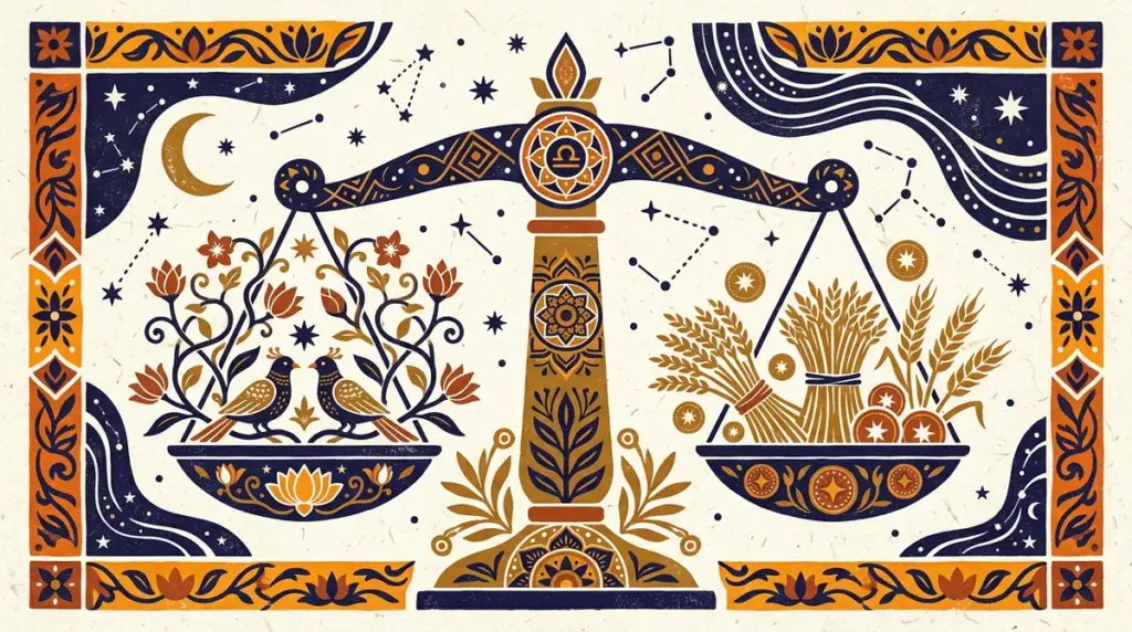 A simple, geometric block-print illustration of scales balancing in a calm, minimalist style.