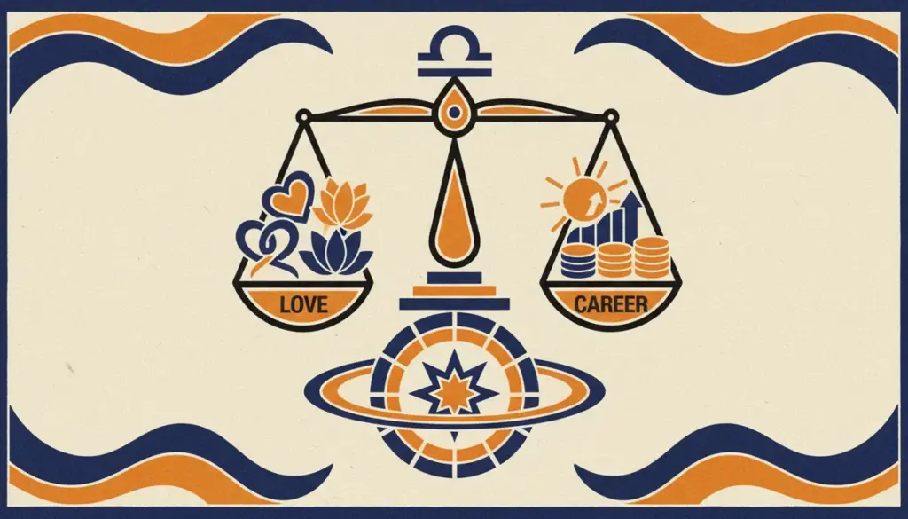 A minimalist block-print style illustration of a balanced scale representing Libra.