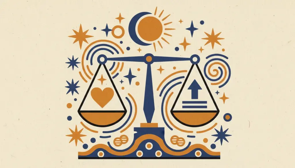 A flat block-print illustration of a balanced scale representing Libra.