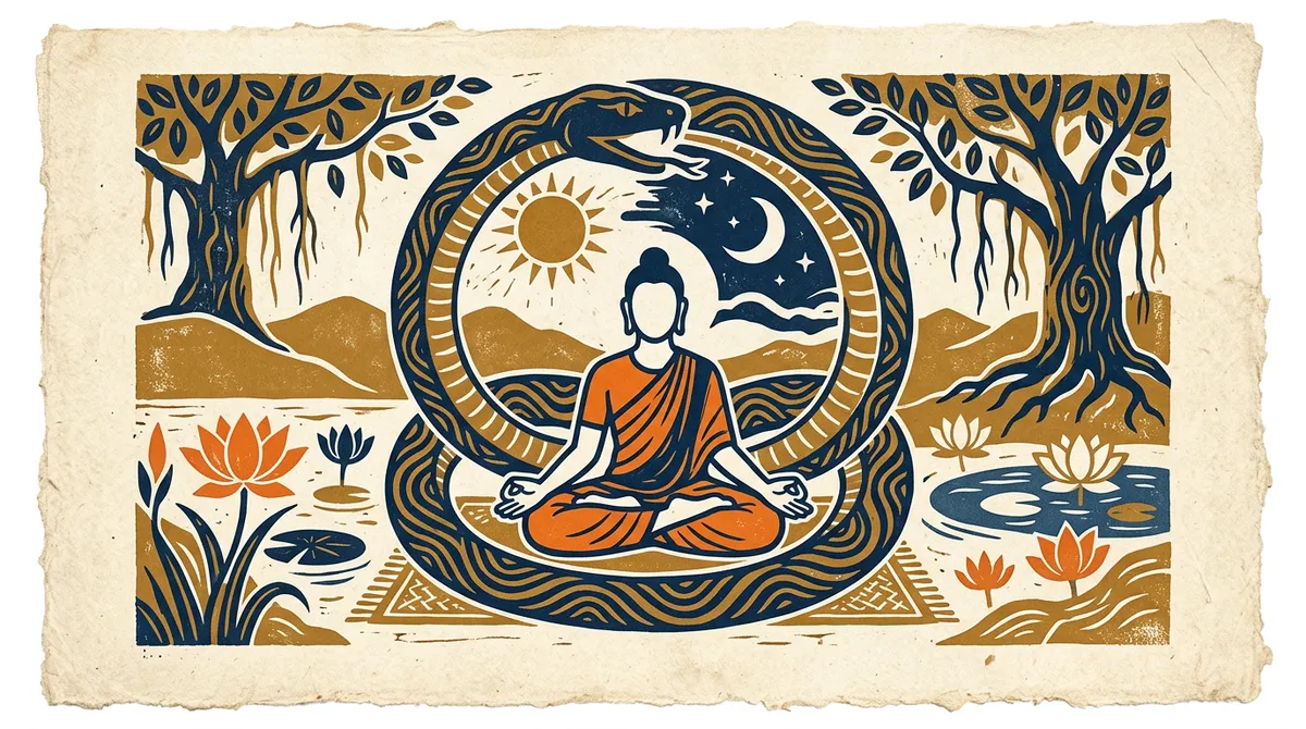 A minimalist block-print style image of a lotus and river, representing peace and reflection.