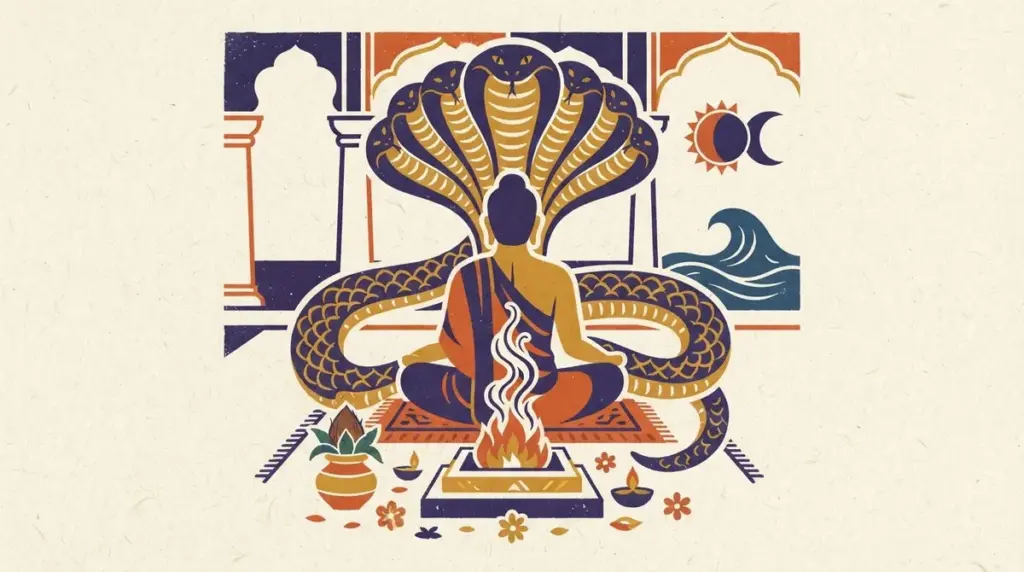 A minimalist block-print style image of a lotus and river, representing peace and reflection.