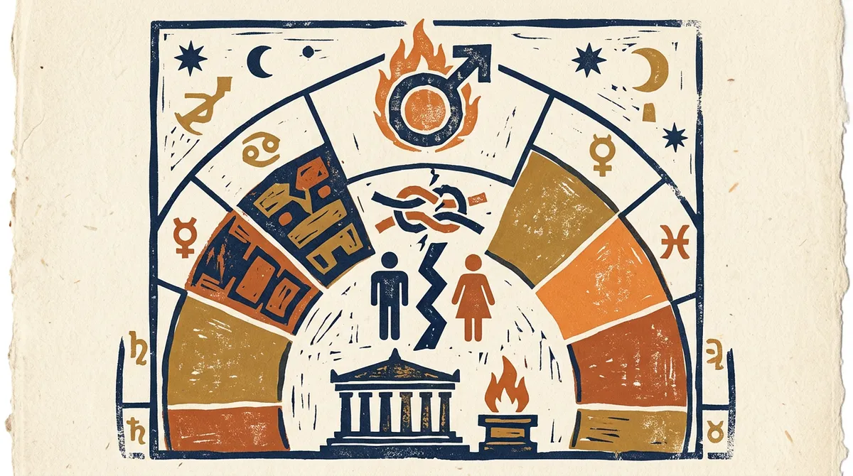 Abstract block print illustration of cosmic symbols and houses in saffron and indigo.