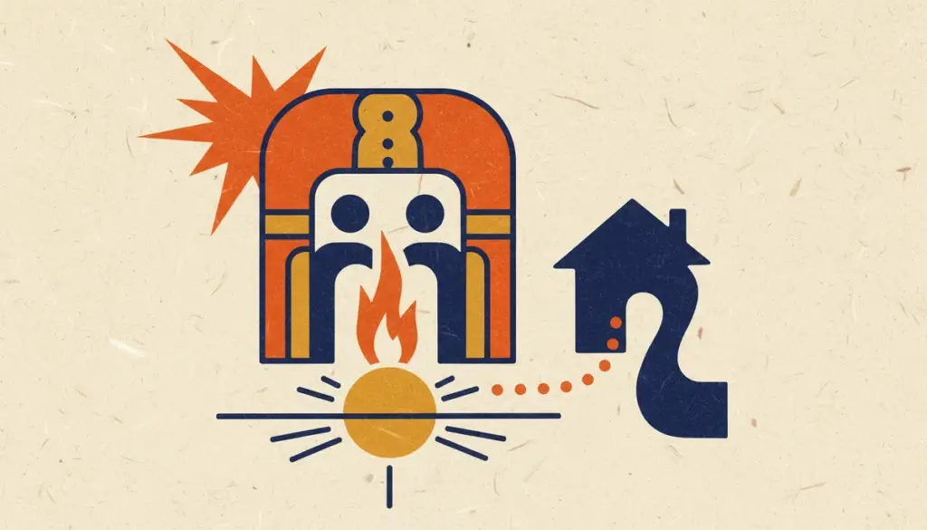 Abstract block print illustration of cosmic symbols and houses in saffron and indigo.
