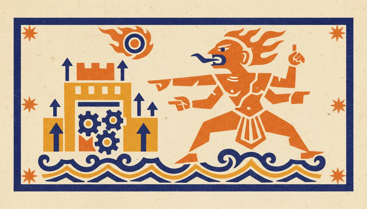 Stylized Mars symbol in a flat block-print art style on textured paper.