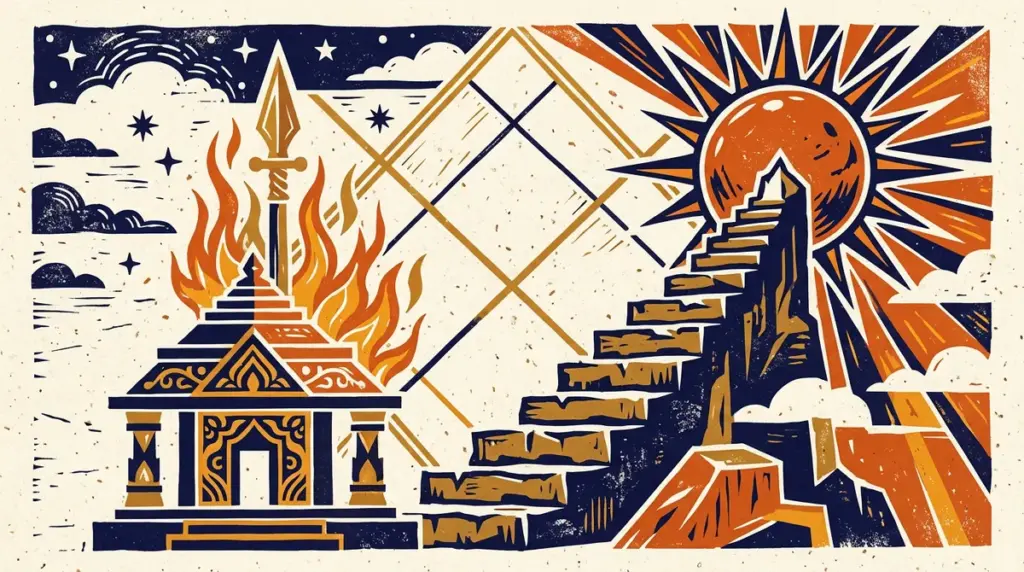 Stylized Mars symbol in a flat block-print art style on textured paper.