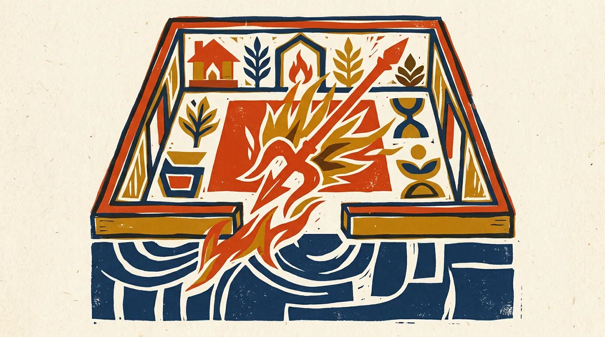 Traditional block print illustration of home and domestic harmony symbols