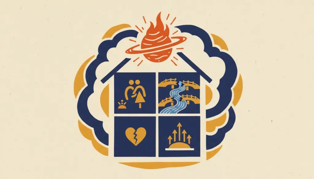 Traditional block print illustration of home and domestic harmony symbols