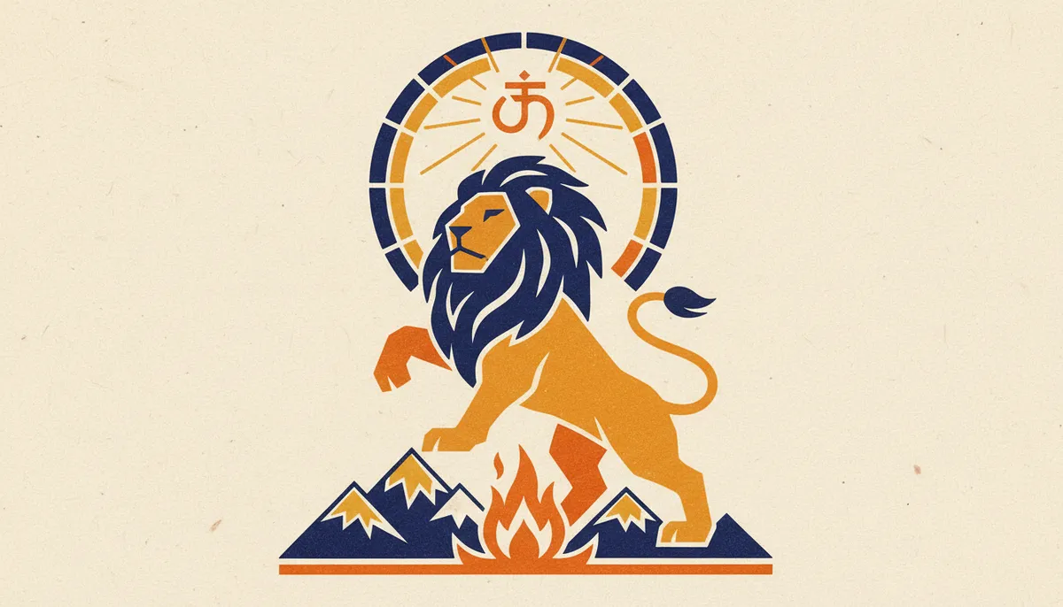 Traditional block-print illustration representing Mars energy in Vedic astrology with saffron and indigo hues.