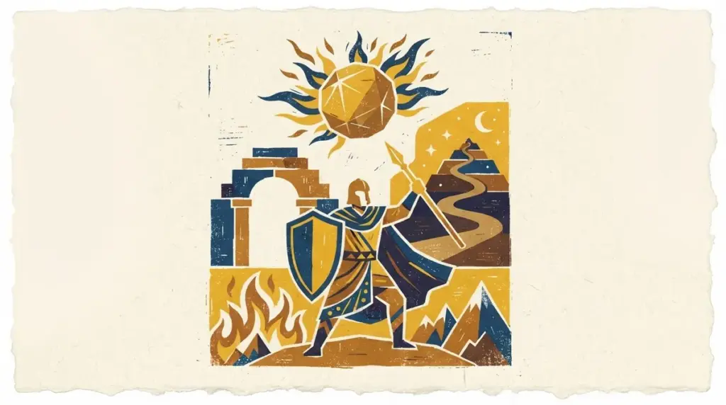 Traditional block-print illustration representing Mars energy in Vedic astrology with saffron and indigo hues.