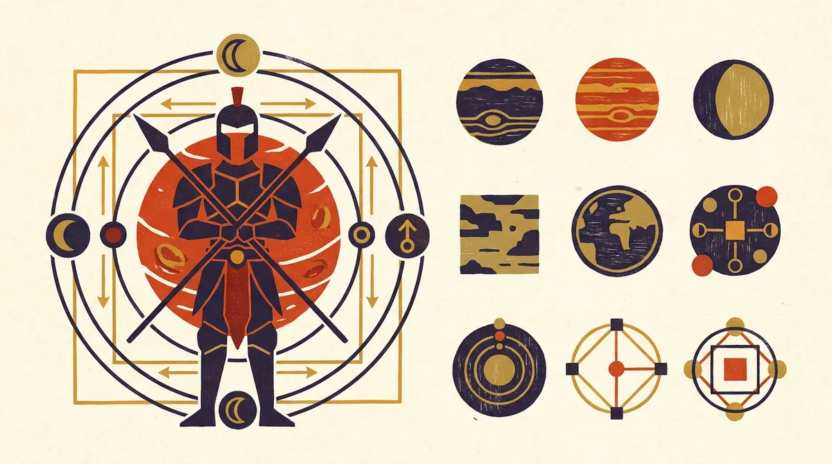 Abstract block-print illustration representing planetary rays and energy lines in saffron and indigo.