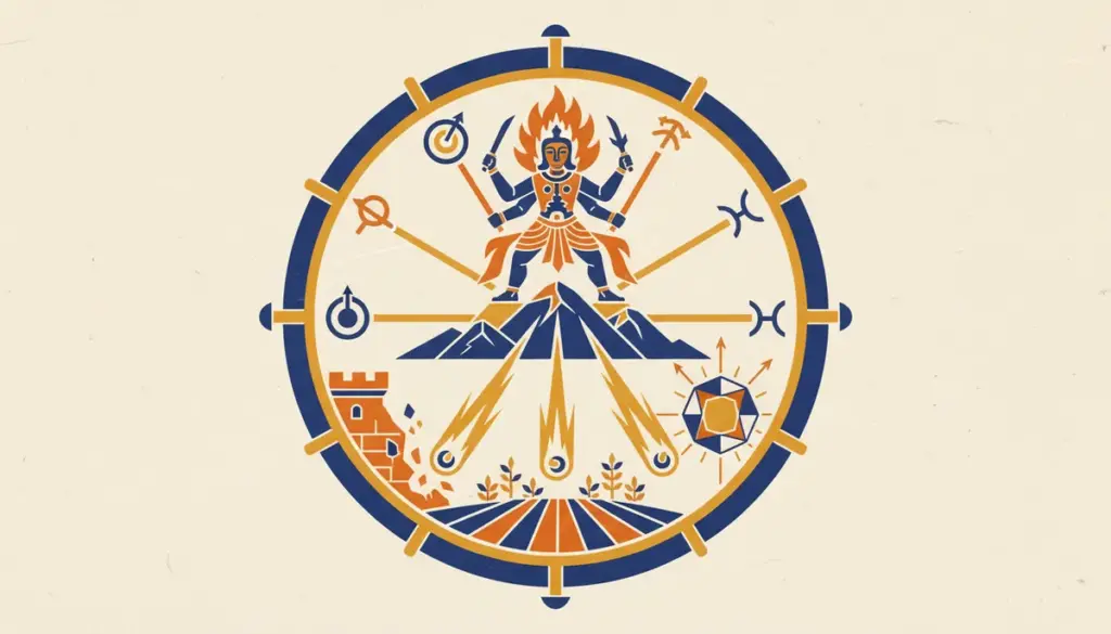 Abstract block-print illustration representing planetary rays and energy lines in saffron and indigo.