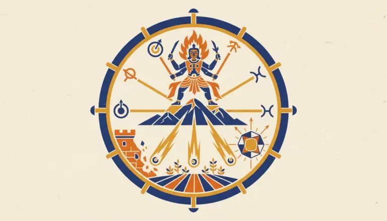 Abstract block-print illustration representing planetary rays and energy lines in saffron and indigo.