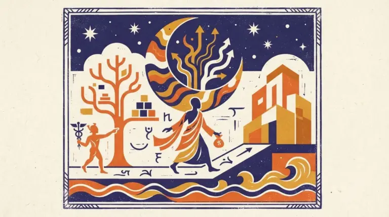Celestial block print illustration representing planetary cycles and career reflection.