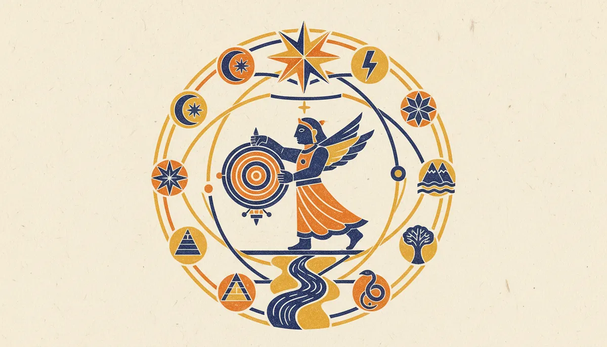 Abstract block-print illustration of planetary cycles in saffron and indigo