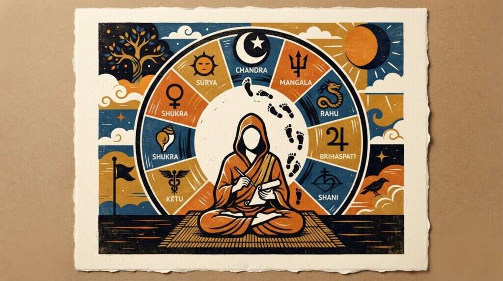 Abstract block-print illustration of planetary cycles in saffron and indigo