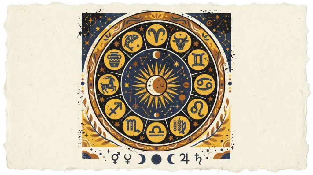 A flat block-print illustration featuring a stylized sun and crescent moon against a simple background.
