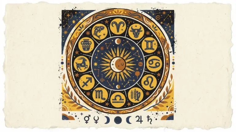 A flat block-print illustration featuring a stylized sun and crescent moon against a simple background.