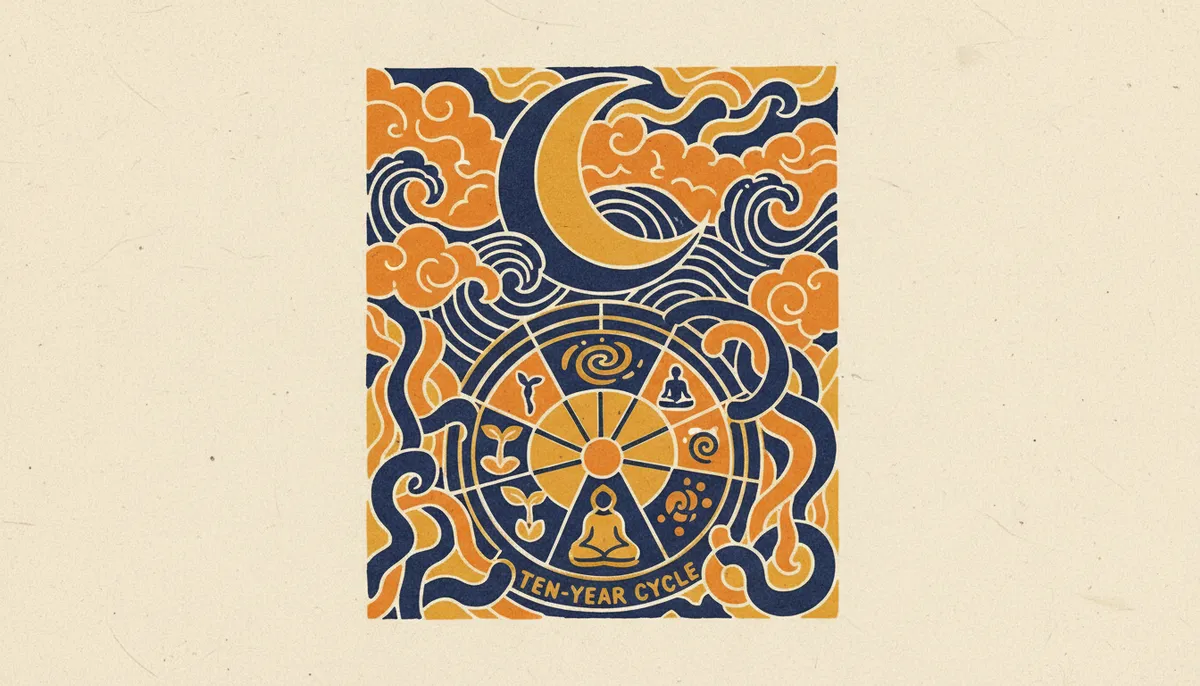 Flat block print illustration of a crescent moon and stars in saffron and indigo.