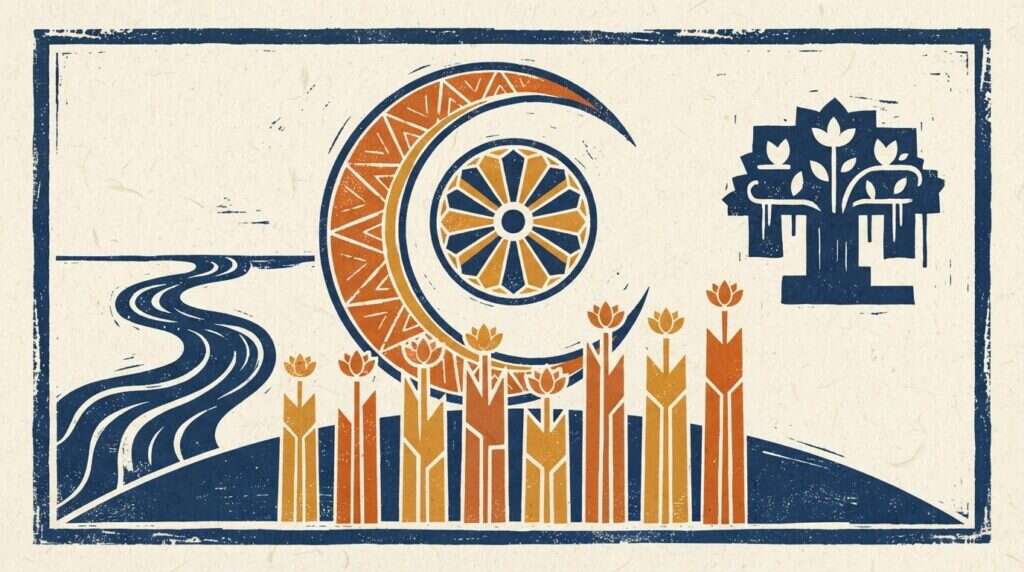 Flat block print illustration of a crescent moon and stars in saffron and indigo.