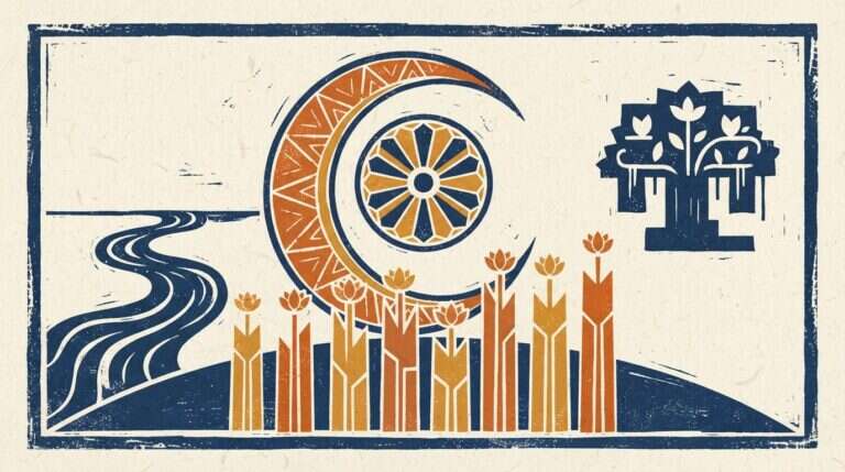 Flat block print illustration of a crescent moon and stars in saffron and indigo.