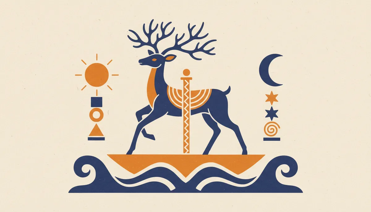 A minimalist block-print style illustration of a deer head, representing the Mrigashira Nakshatra.