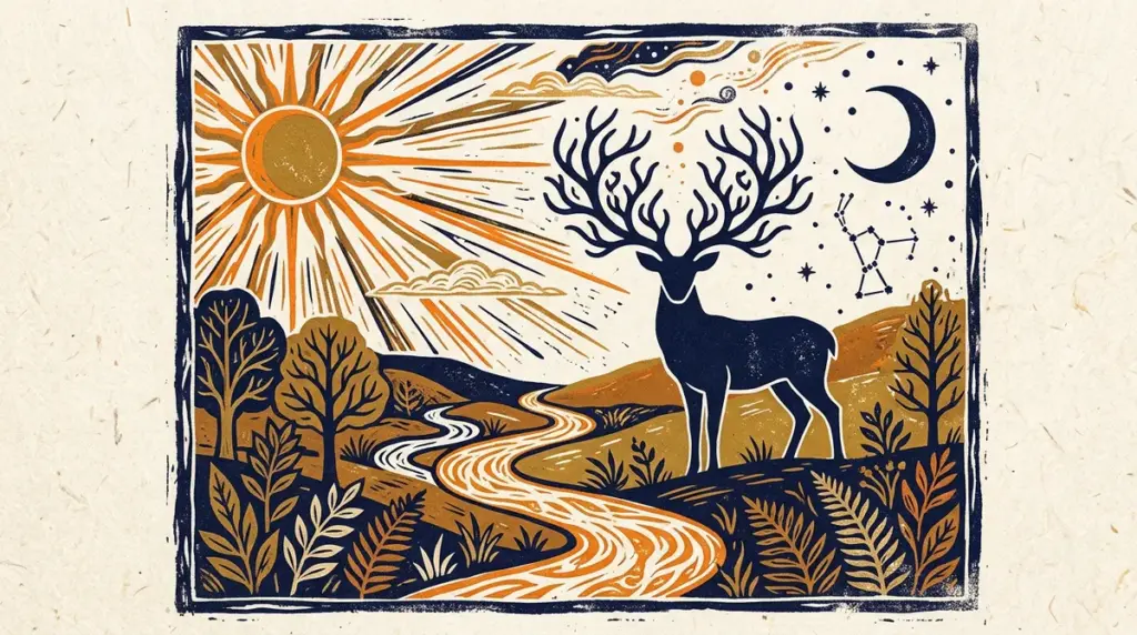 A minimalist block-print style illustration of a deer head, representing the Mrigashira Nakshatra.