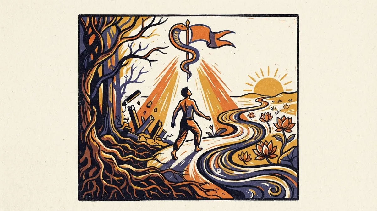 A stylized block print of tree roots illustrating the Mula nakshatra symbol.