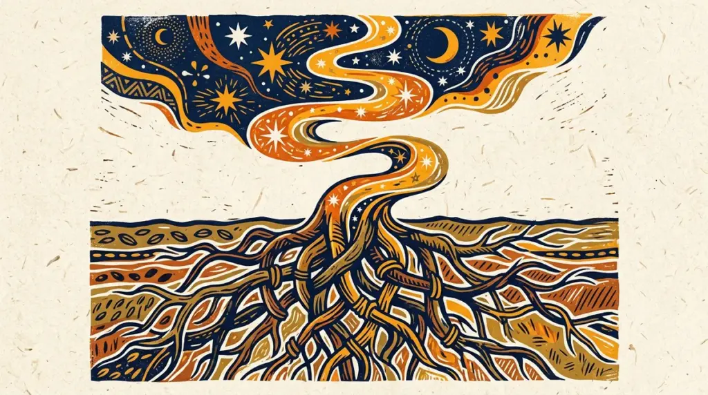 A stylized block print of tree roots illustrating the Mula nakshatra symbol.