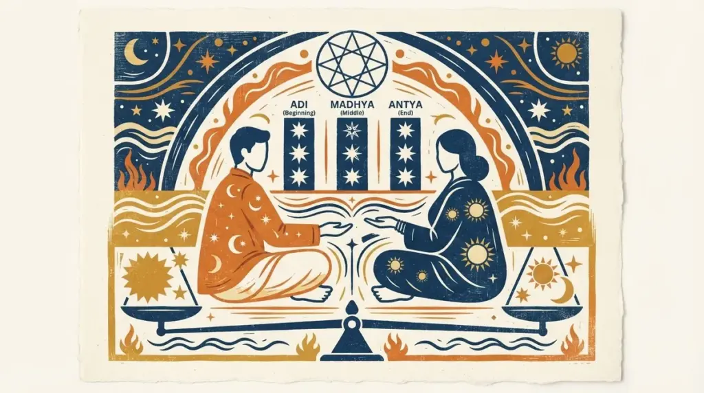 A symbolic representation of two intersecting circular patterns representing astrological balance.