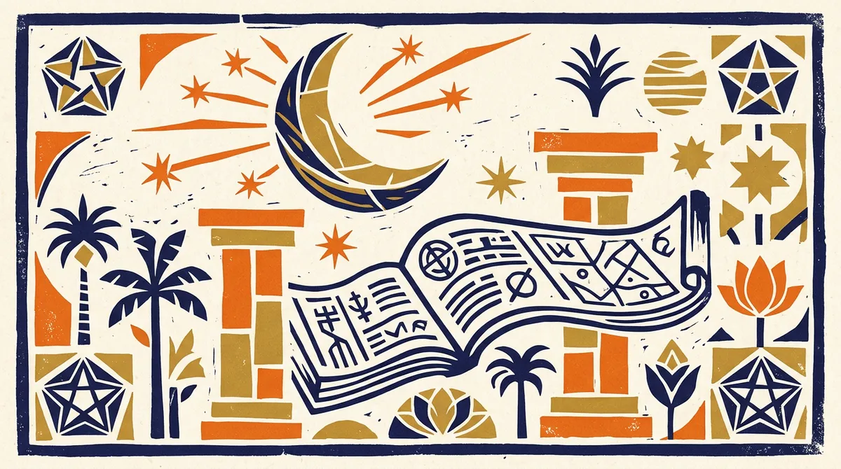 A minimalist block-print style illustration featuring a moon and star in saffron and indigo.