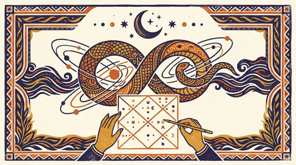 A minimalist block-print style illustration featuring a moon and star in saffron and indigo.