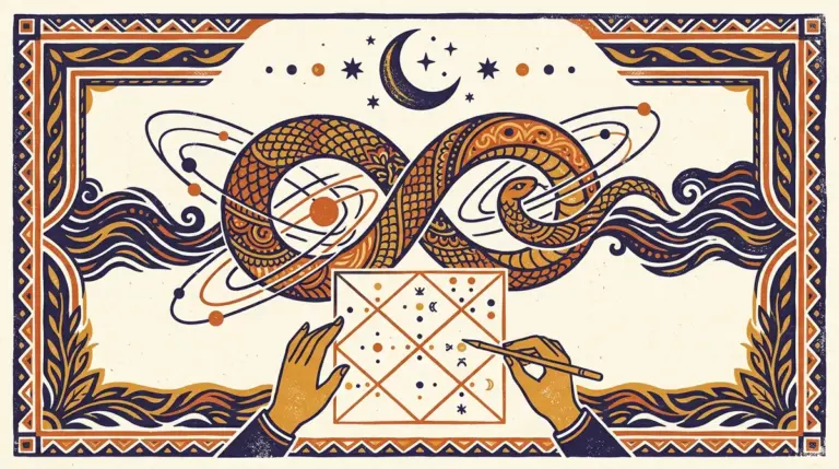 A minimalist block-print style illustration featuring a moon and star in saffron and indigo.