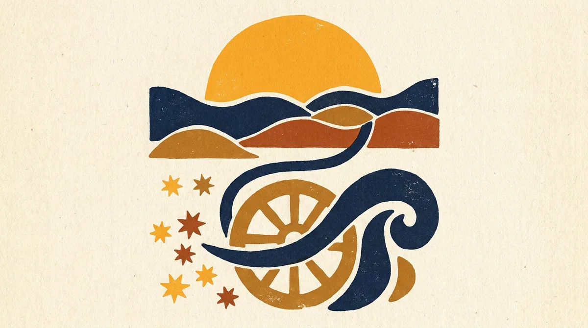 A minimalist block-print illustration of a crescent moon rising over the horizon.