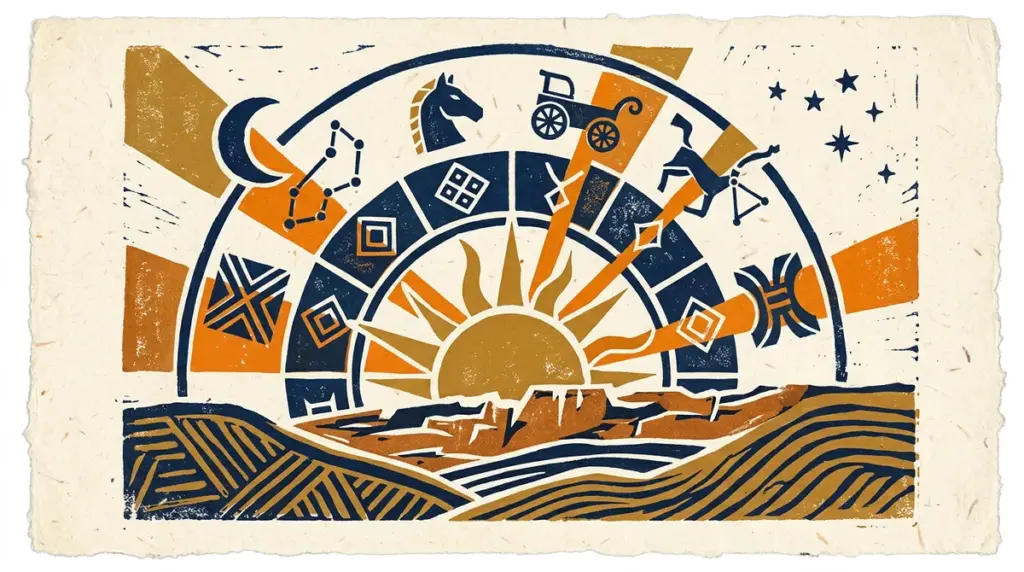 A minimalist block-print illustration of a crescent moon rising over the horizon.