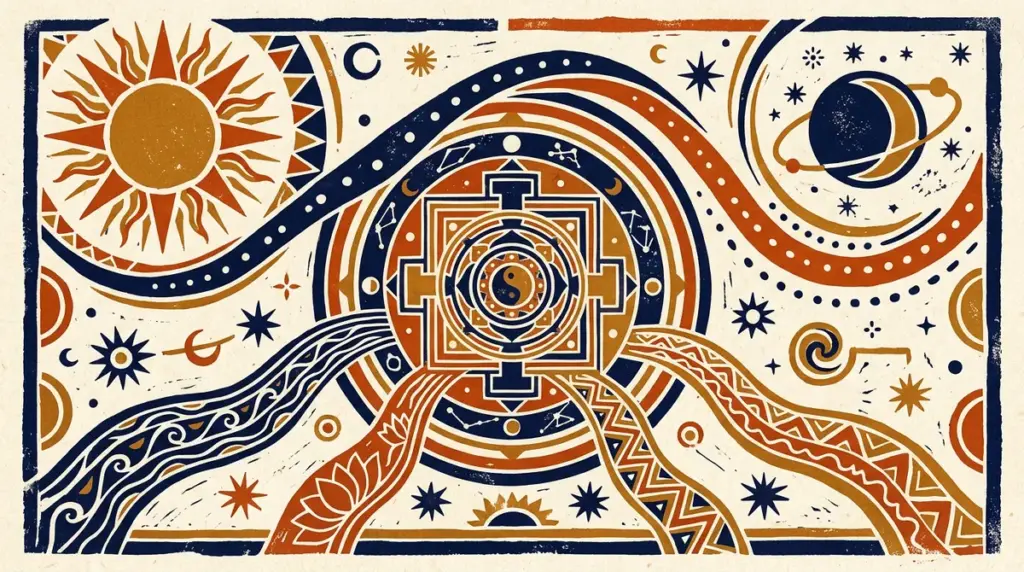 A minimalist block-print style illustration of a sun and moon representing celestial calculation.
