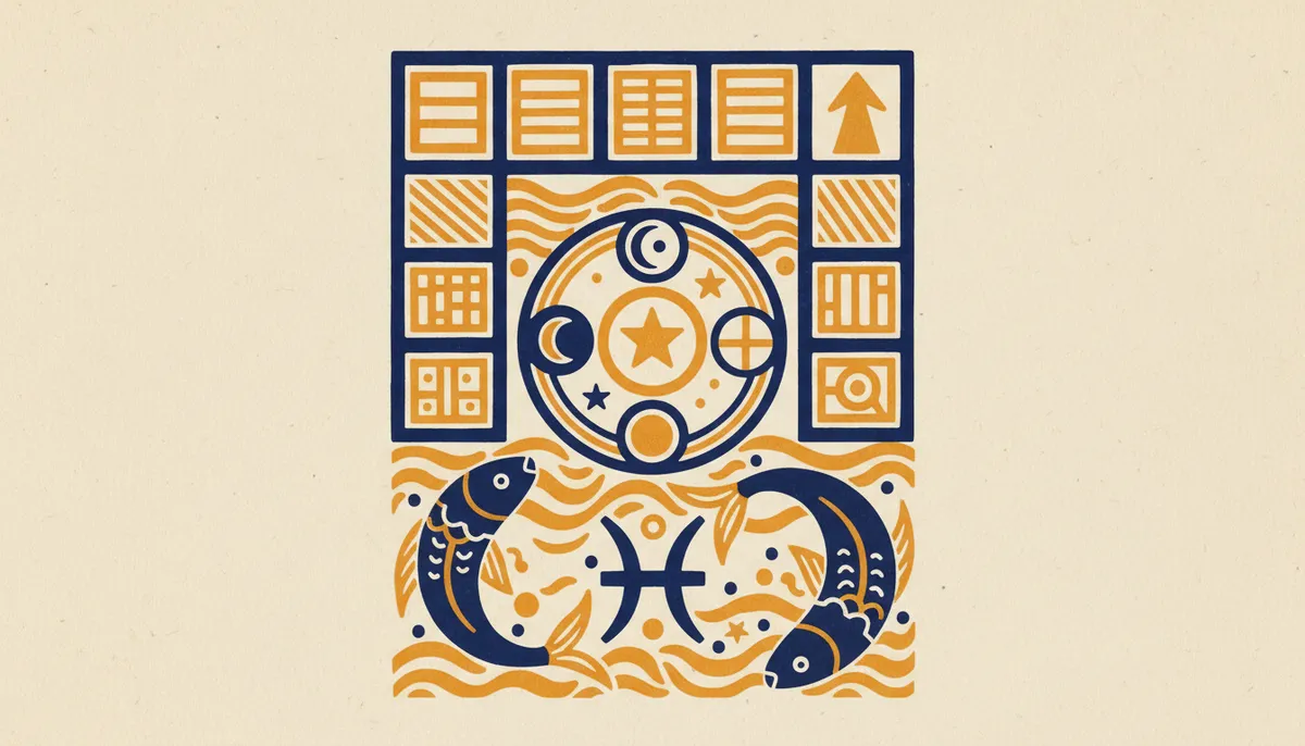 A minimalist block-print style image of two fish in a circular formation, representing the Pisces symbol.