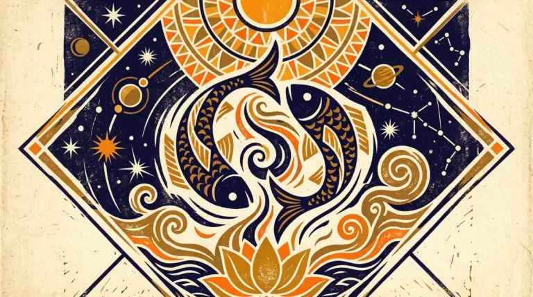 A minimalist block-print style image of two fish in a circular formation, representing the Pisces symbol.