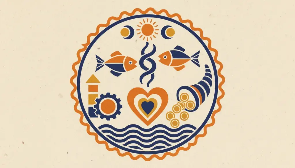 A simple, minimalist block-print illustration of two fish swimming in opposite directions, representing the sign of Pisces.