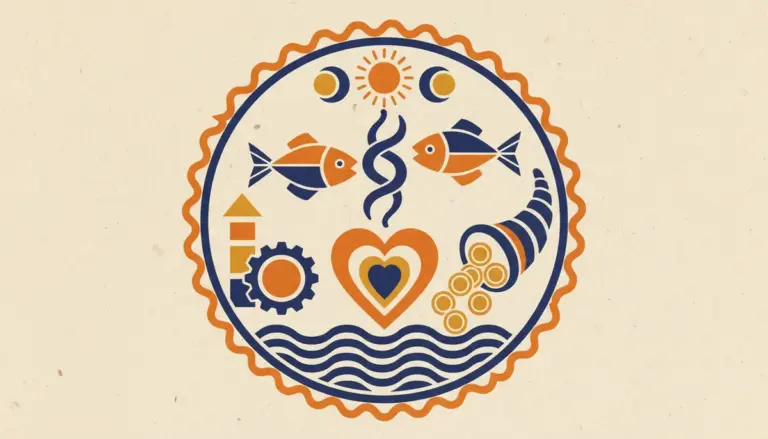 A simple, minimalist block-print illustration of two fish swimming in opposite directions, representing the sign of Pisces.