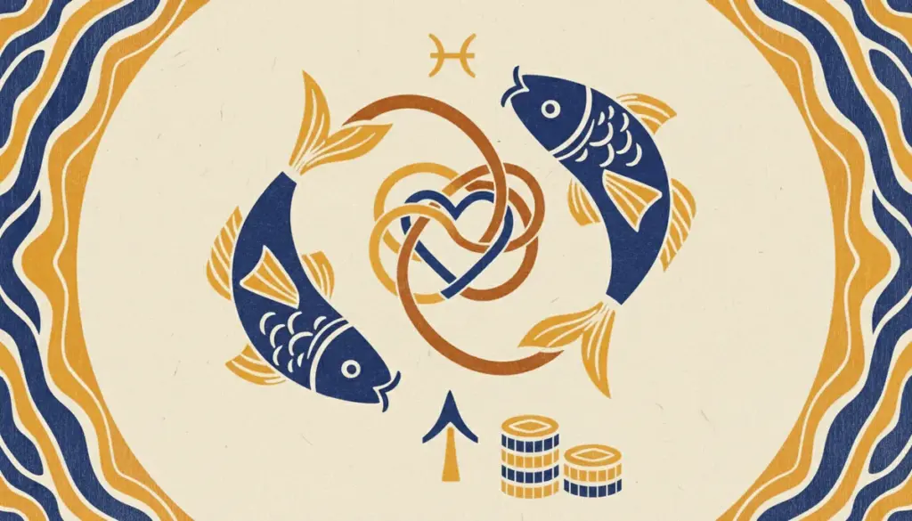 A simple, clean block-print illustration of two fish swimming in a circular, harmonious pattern.