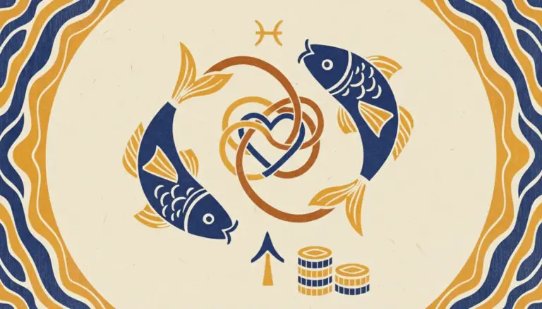 A simple, clean block-print illustration of two fish swimming in a circular, harmonious pattern.