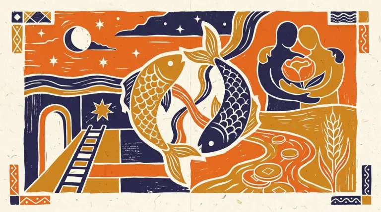 A minimalist block-print illustration of two fish swimming in a circular motion, symbolizing the dual nature of Pisces.