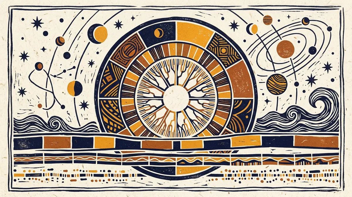 Abstract geometric time wheels in saffron and indigo block-print style