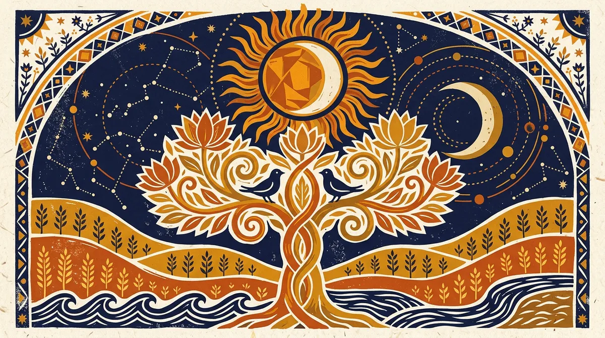 Abstract celestial block print showing peaceful sun and moon motifs in saffron and indigo